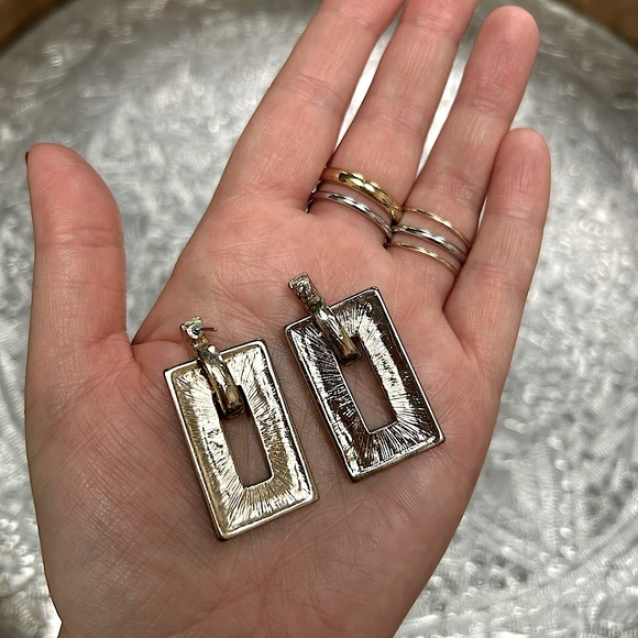 Geometric Black + Gold Tone Rectangle Earrings - Picture 3 of 4